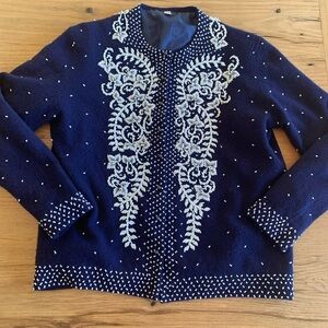 44 Vintage 1960 Beaded Cardigan Blue Wool White Long Sleeve Button Down Women’s‎